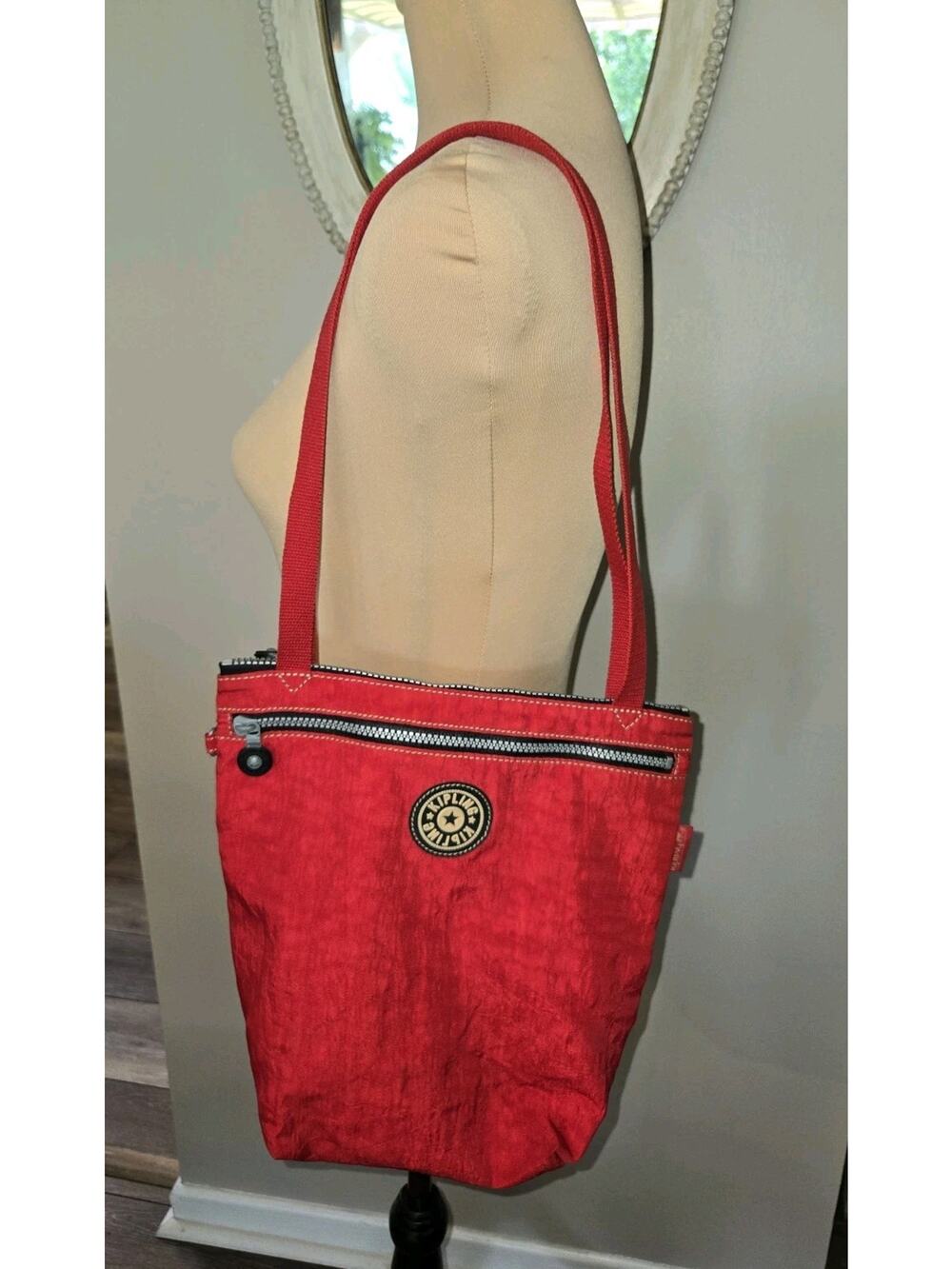 Kipling Red Crinkle Nylon Tote Shoulder Bag Zip Top Lightweight Travel Purse